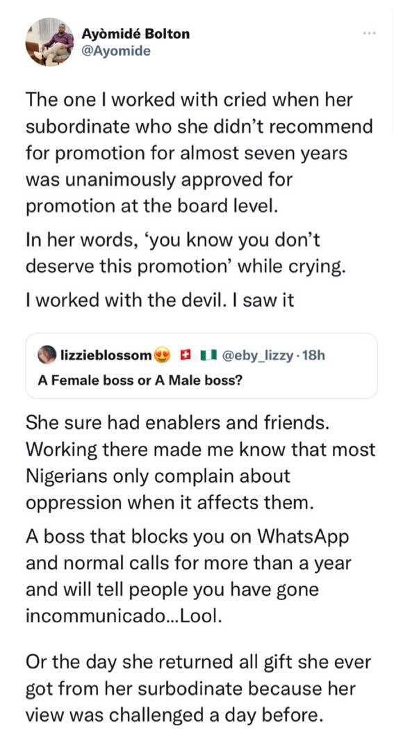 Man narrates experience with boss who takes pride at being wicked