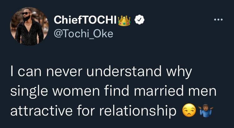 "I can never understand why single women find married men attractive" — Reality star, Tochi fumes