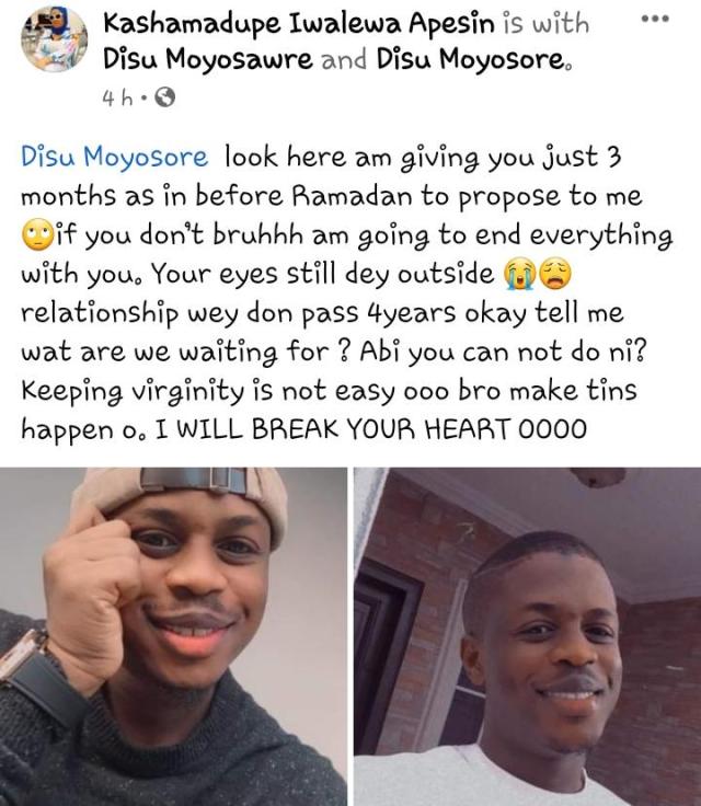 "Keeping virginity is not easy" - Lady gives boyfriend three months marriage ultimatum after four years of dating