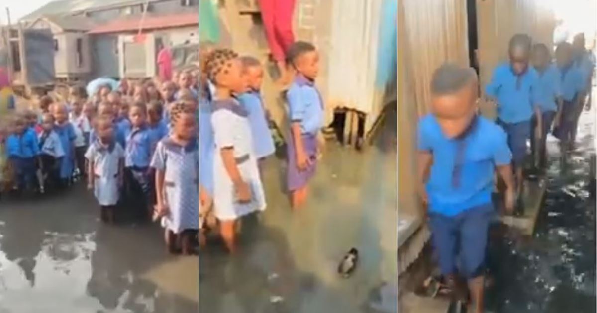 Disturbing video of schoolchildren reciting national anthem in murky water during assembly surfaces
