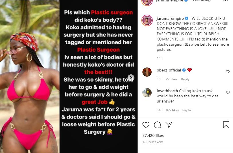 Drama between BBNaija's Khloe and Jaruma over name of doctor that did her butt surgery