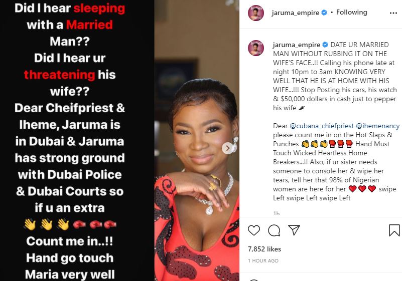 Therapist, Jaruma slams Maria Chike, offers extra hand to deal with her for trying to taunt lover's wife