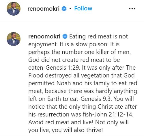 "Eating red meat is slow poison, avoid it in other to thrive" - Reno Omokri