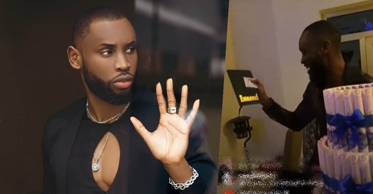 Fans spoil BBNaija's Emmanuel with money cake, shoes, and other gifts (Video)
