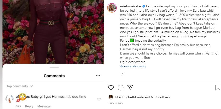 Reality star, Uriel Oputa slams troll who attempted to bully her into luxury lifestyle