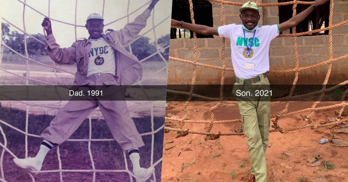 Graduate recreates father’s NYSC photo from 30 years ago, shares dad’s reaction