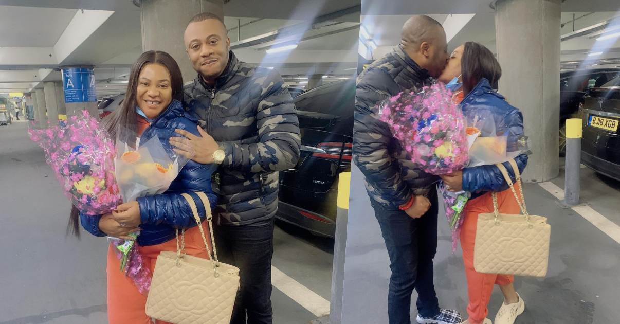 Moment Nkechi Blessing's husband welcomes her to London following mother's burial (Video)