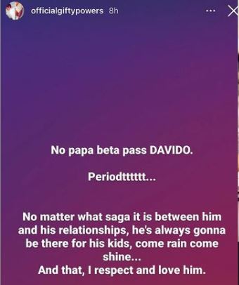 "No papa better pass Davido" - Reality star, Gifty Powers hails singer after link up with baby mama