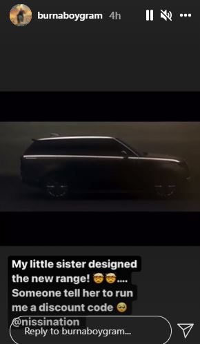 Singer, Burna Boy celebrates sister, Nissi for being part of team that designed new Range Rover SUV