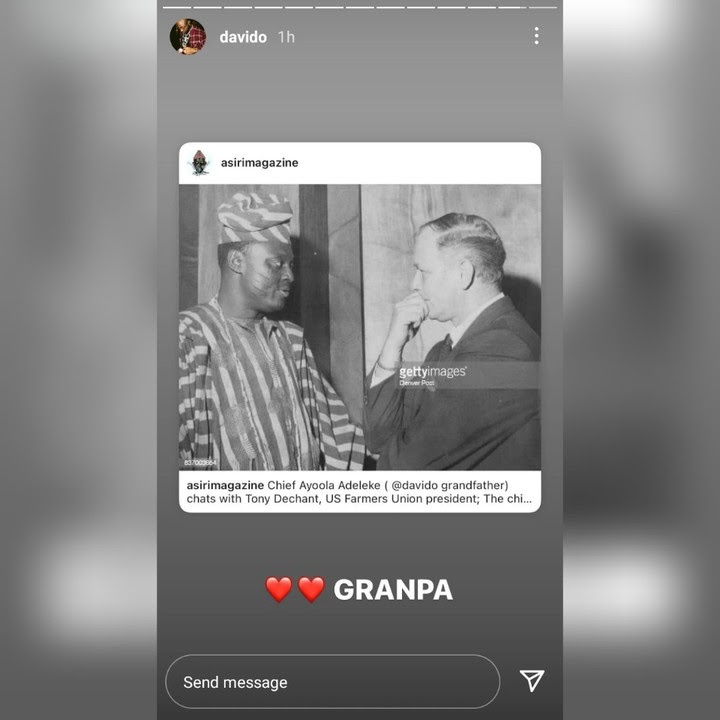 Davido reacts after photo of his grandfather with US Farmers Union President in 1967 surfaces