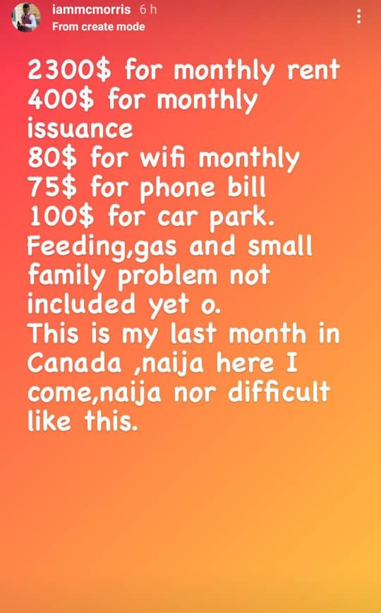 "Naija nor difficult like this" - Mc Morris laments return to Nigeria over monthly bill of N1M in Canada