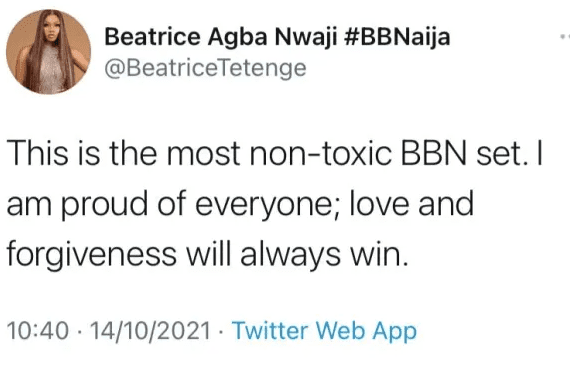 "This is the most non-toxic BBNaija's set ever" - Beatrice praises colleagues