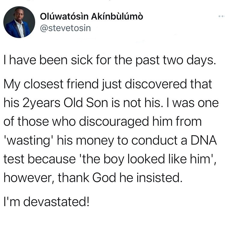"I'm devastated, his son is not his" - Man laments decision of discouraging friend from doing DNA test of children
