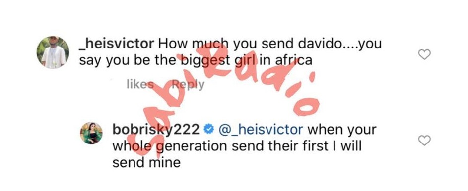 "As the biggest girl in Africa, how much did you send to Davido?" - Bobrisky responds savagely fan's question