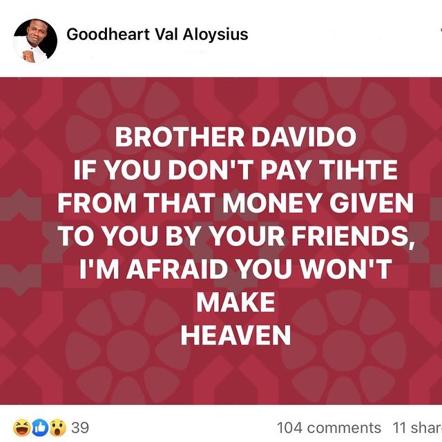 "You won't make heaven if you don't pay tithe from that money" - Pastor drags Davido over N250M crowdfunding
