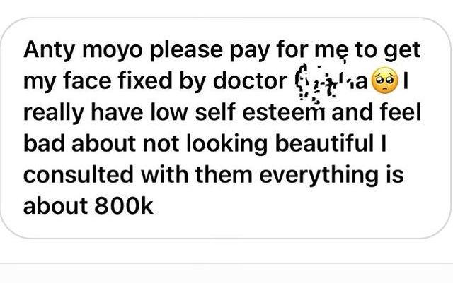 Moyo Lawal reacts after lady pleaded for financial support to get plastic surgery