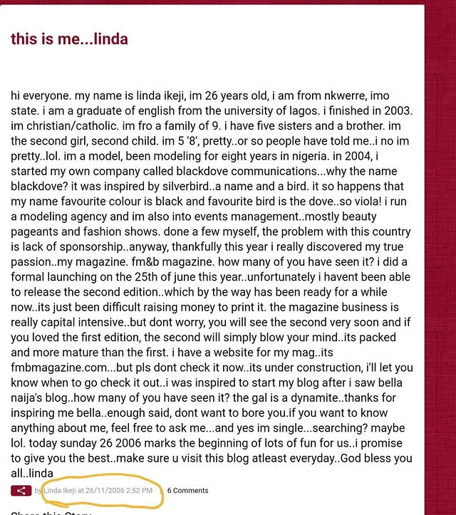 "15 years ago today, I created a blog, wrote my first blog post" - Linda Ikeji celebrates anniversary, shares first article