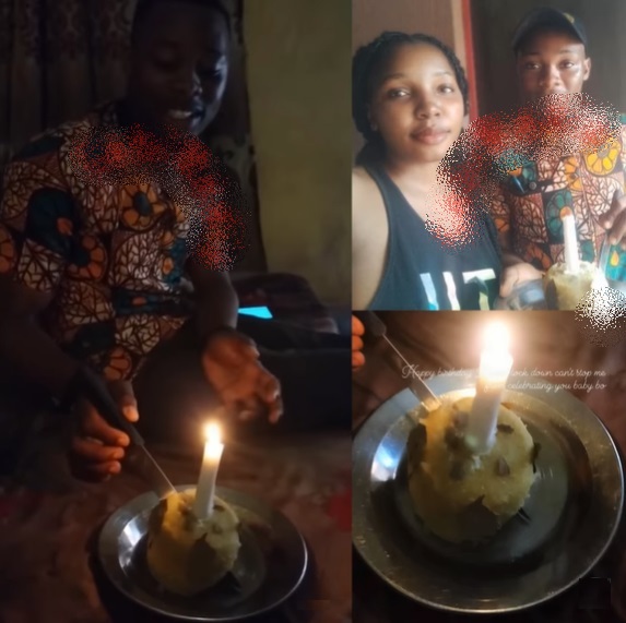 "This is cute, but I don’t want" - Reactions as lady celebrate boyfriend's birthday with 'garri cake' (Video)