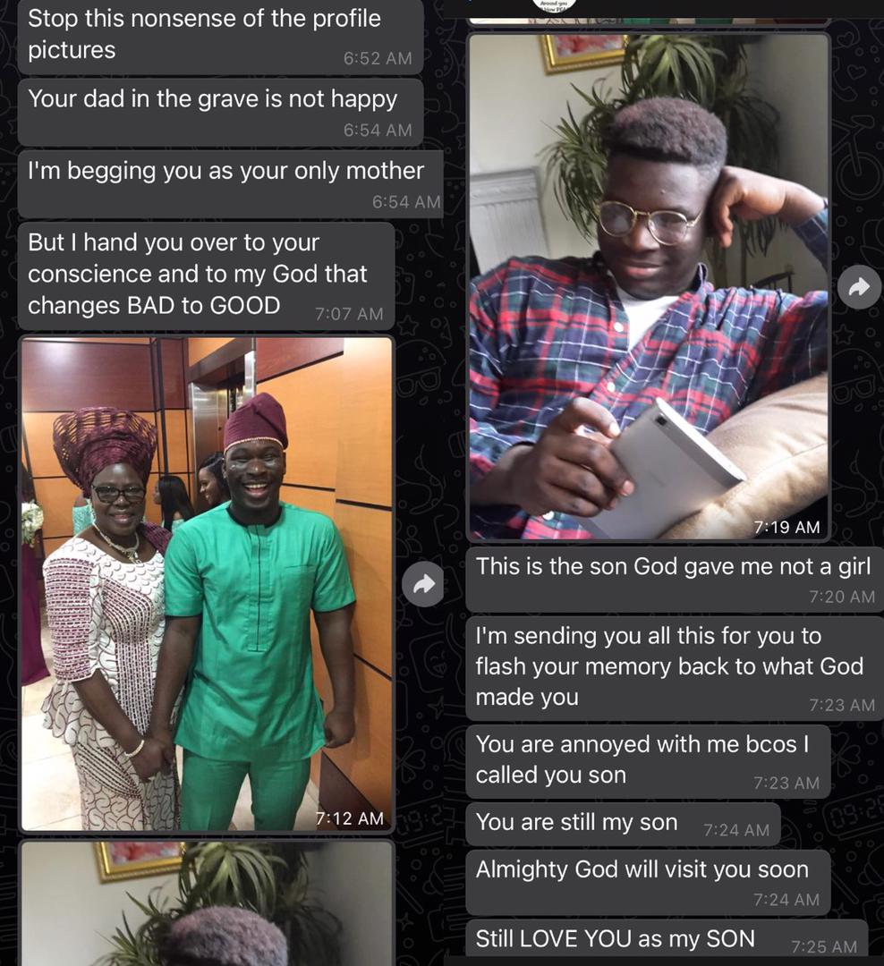 Reactions as man calls out mother for expressing concern over his appearance