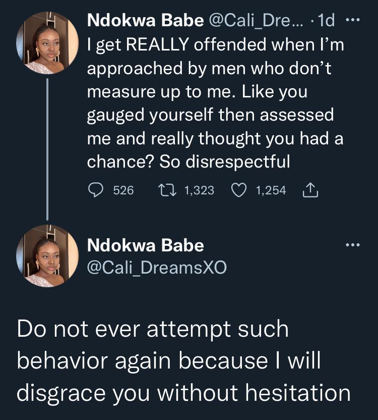 "I get offended when I'm approached by men who don't measure up to me" - Lady sparks reactions