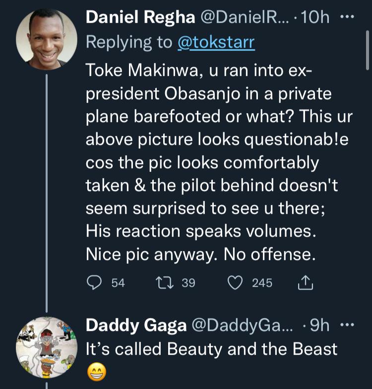 Toke Makinwa dragged over selfie with ex-president, Obasanjo, barefooted on private jet