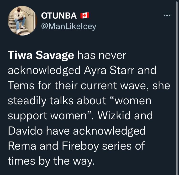 "Tiwa Savage never acknowleged Tems, Ayra Starr" - Fan questions singer on support for women