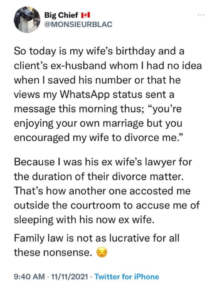 Divorce lawyer narrates encounter with client who questioned his happy marriage