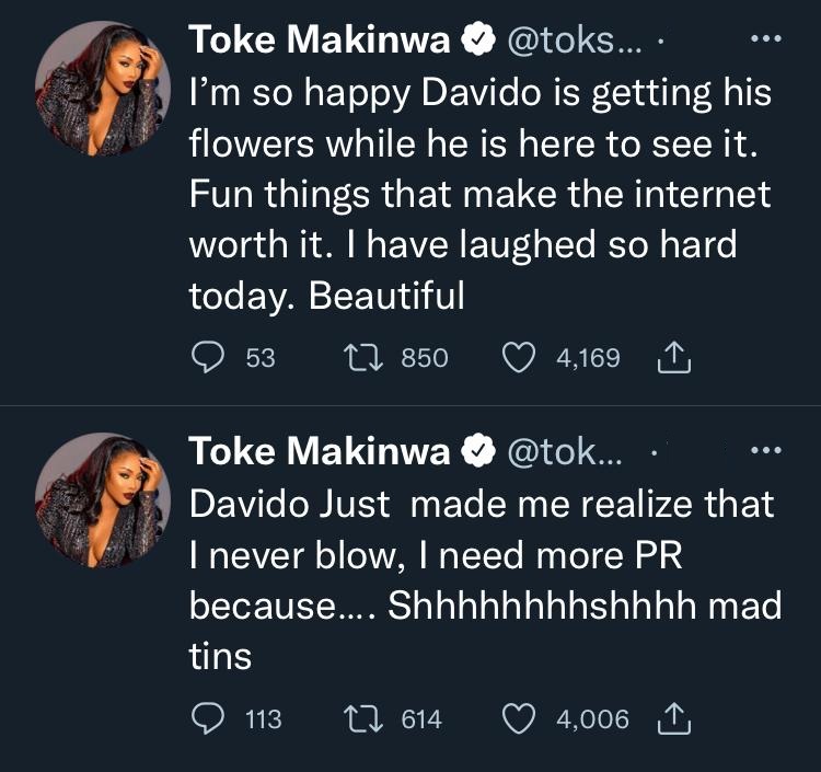 "Davido made me realize that I never blow, I'm happy he's getting his flowers" - Toke Makinwa 