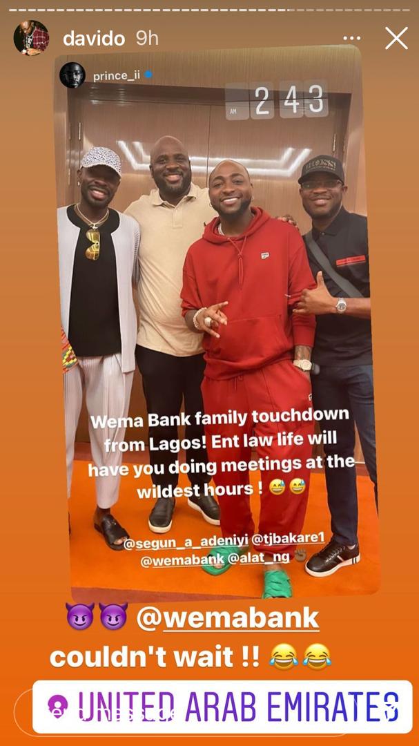 Wema Bank officials from Lagos pay Davido a visit in Dubai after netting over N190M 