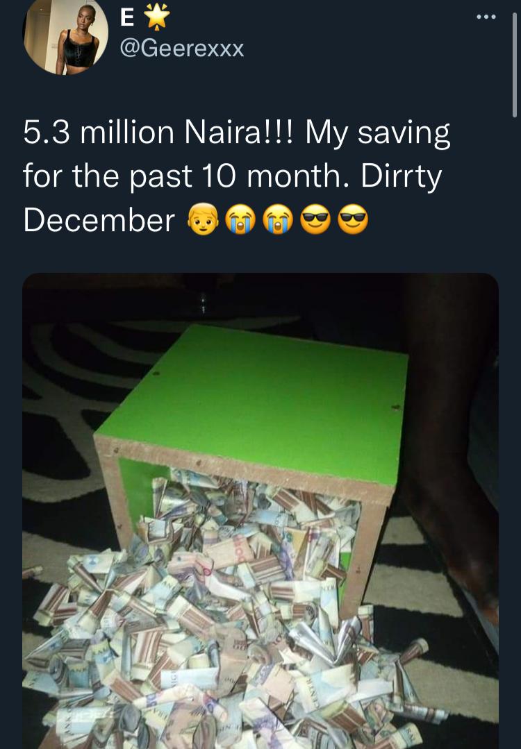 Lady shows off alleged N5.3M savings accumulated in 10 months