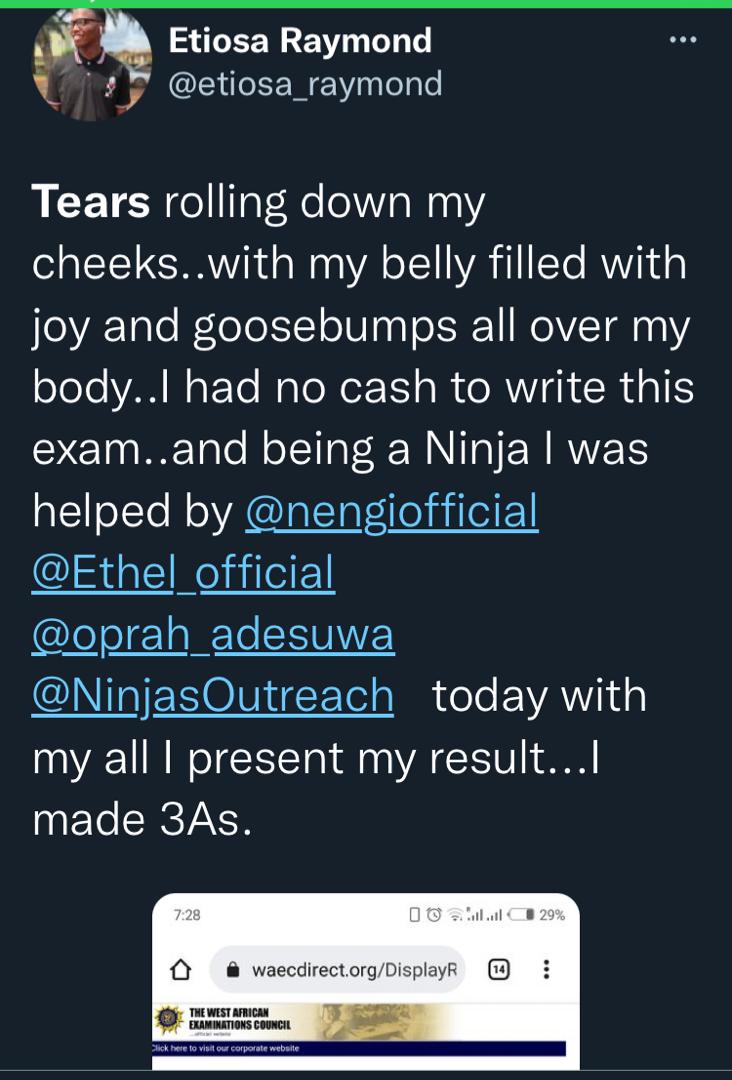 Man appreciates Nengi, Ninjas for sponsoring his WAEC exam, shows off result
