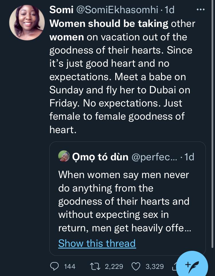 Lady slams colleague who opined that men don't give from the goodness of their hearts