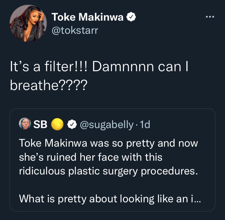 Toke Makinwa reacts after being dragged for allegedly doing facial surgery