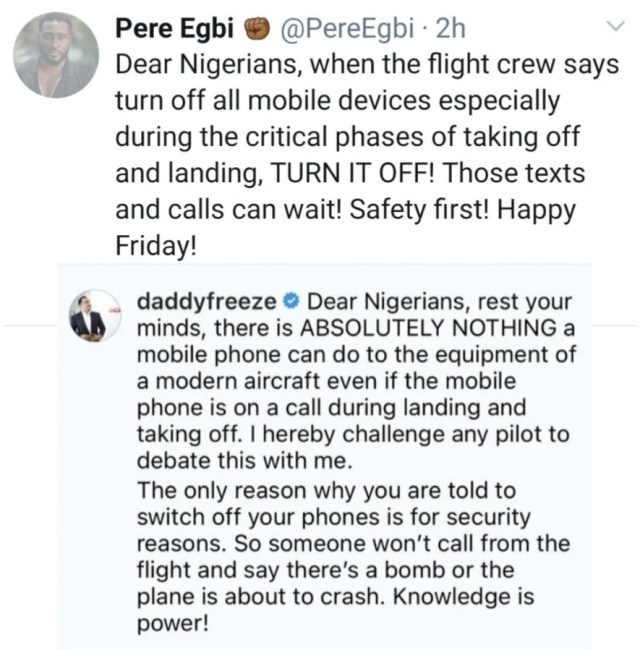 Between Daddy Freeze and Pere on how use of phones during take-off can cause plane crash