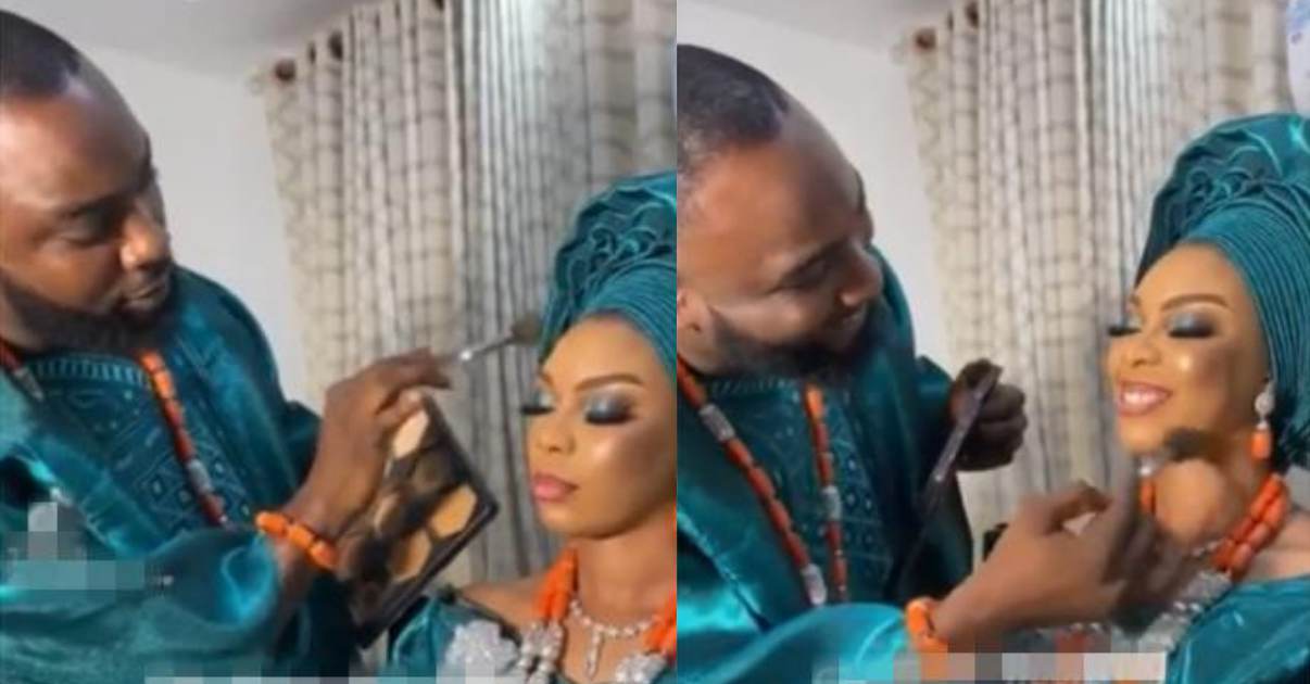 Groom melts hearts after reportedly doing bride's makeup on their wedding (Video)