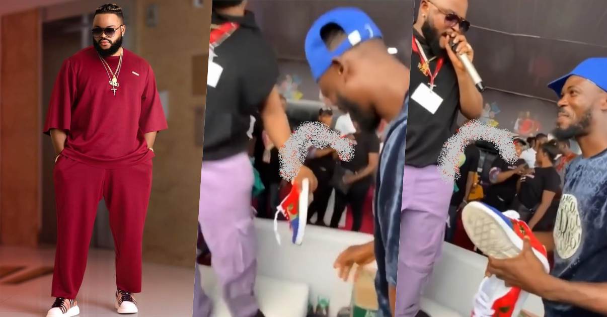 Moment Whitemoney pulled his shoes, gifts it to a fan (Video)
