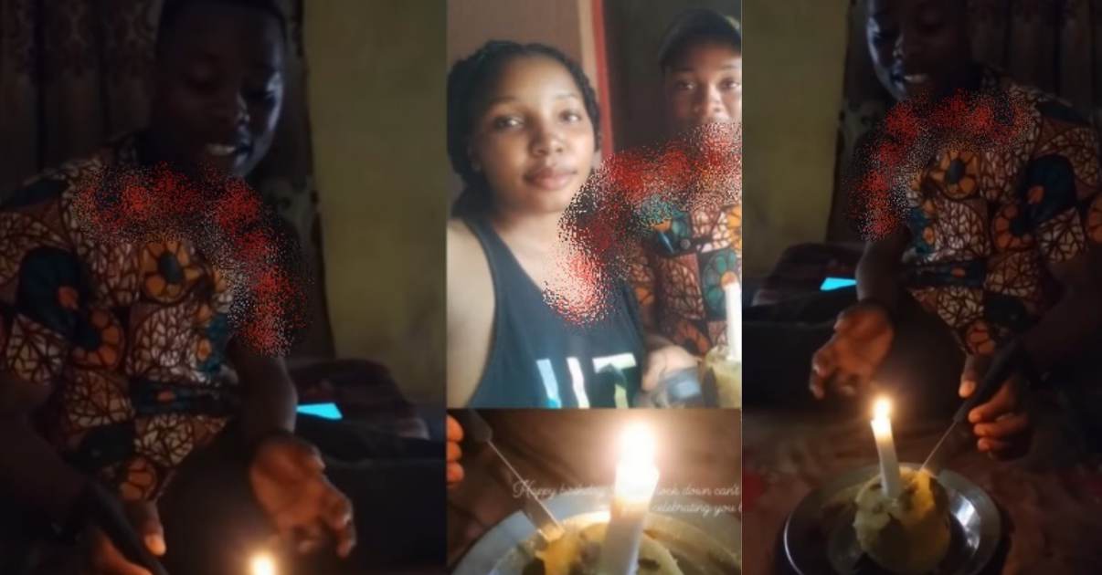 "This is cute, but I don’t want" - Reactions as lady celebrate boyfriend's birthday with 'garri cake' (Video)