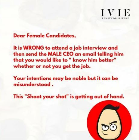 It is wrong to send 'I'll like to know you better' to male CEOs - HR manager warns ladies