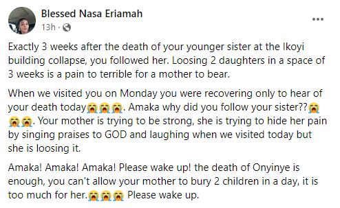 Weeks after losing daughter in Ikoyi building collapse, mother loses second daughter to sickness