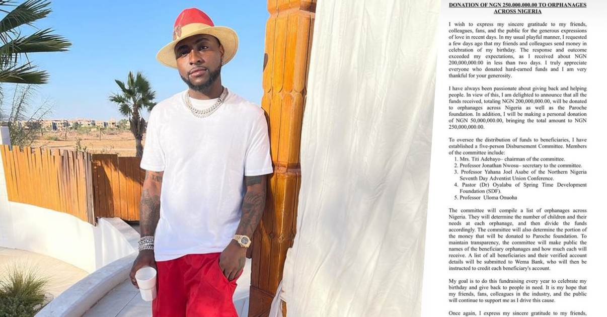 Davido donates N201M birthday crowdfunding to charity, adds additional N50M (Video)