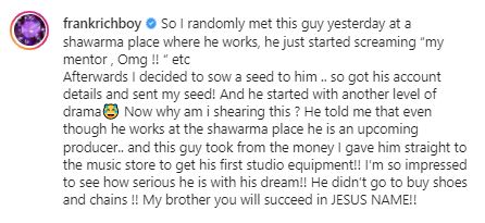 Frank Edwards narrates encounter with random fan who bought music equipment with seed money handed to him