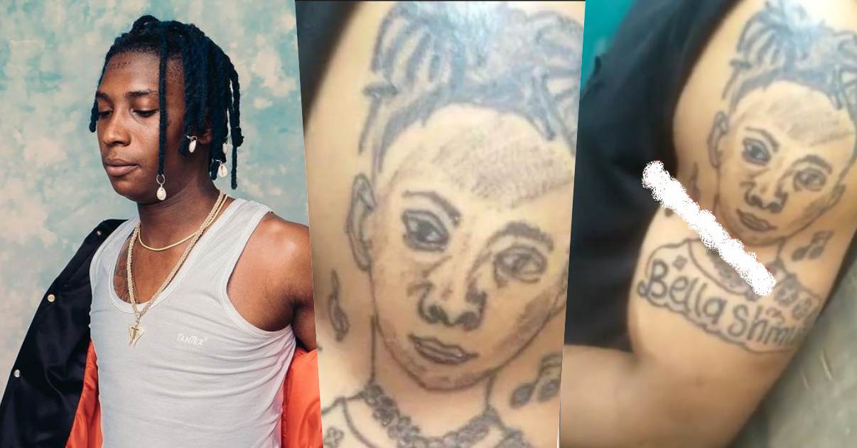 "This wan na isabella" - Reactions as fan ink tattoo of Bella Shmurda's face (Video)