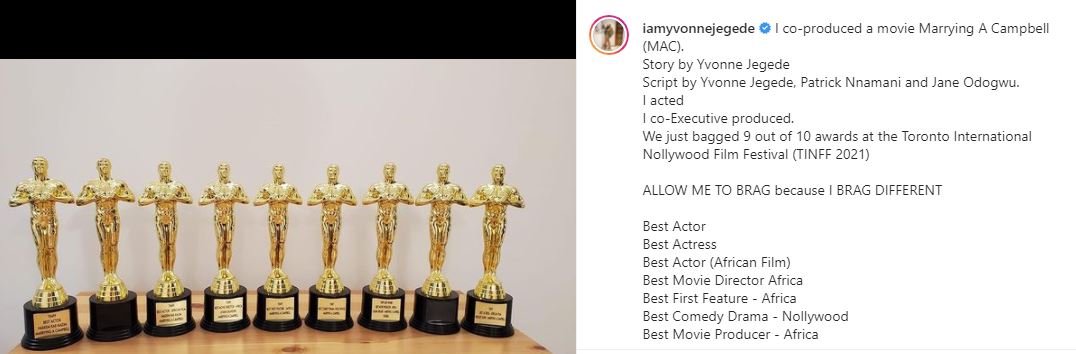 "Allow me to brag" - Yvonne Jegede says as she flaunts multiple awards won at once