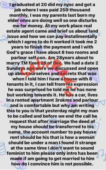 Lady cries out for advice after husband-to-be requests change of property to his name