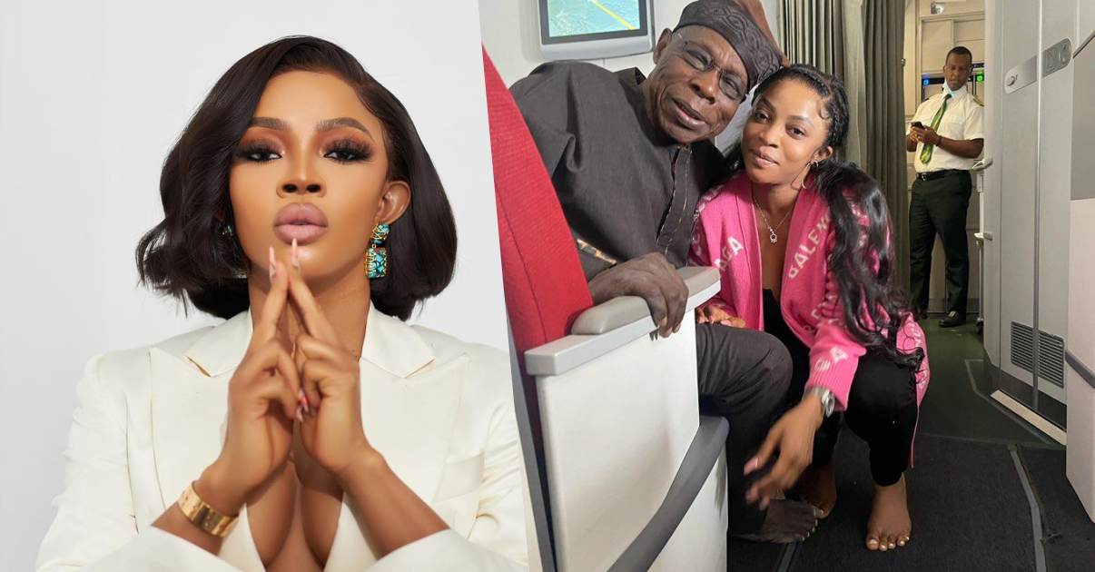 Toke Makinwa dragged over selfie with ex-president, Obasanjo, barefooted on private jet