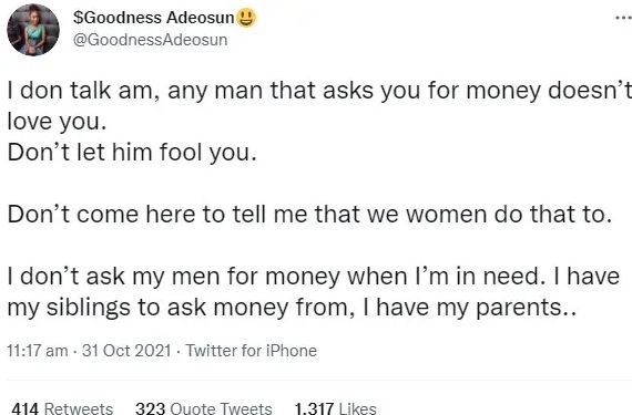 "Any man that asks you for money doesn’t love you" - Lady argues