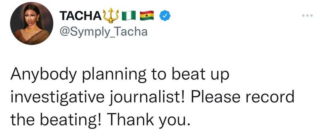 Anybody planning to beat up the investigative journalist should record it - Tacha weighs in on Kemi Olunloyo's saga