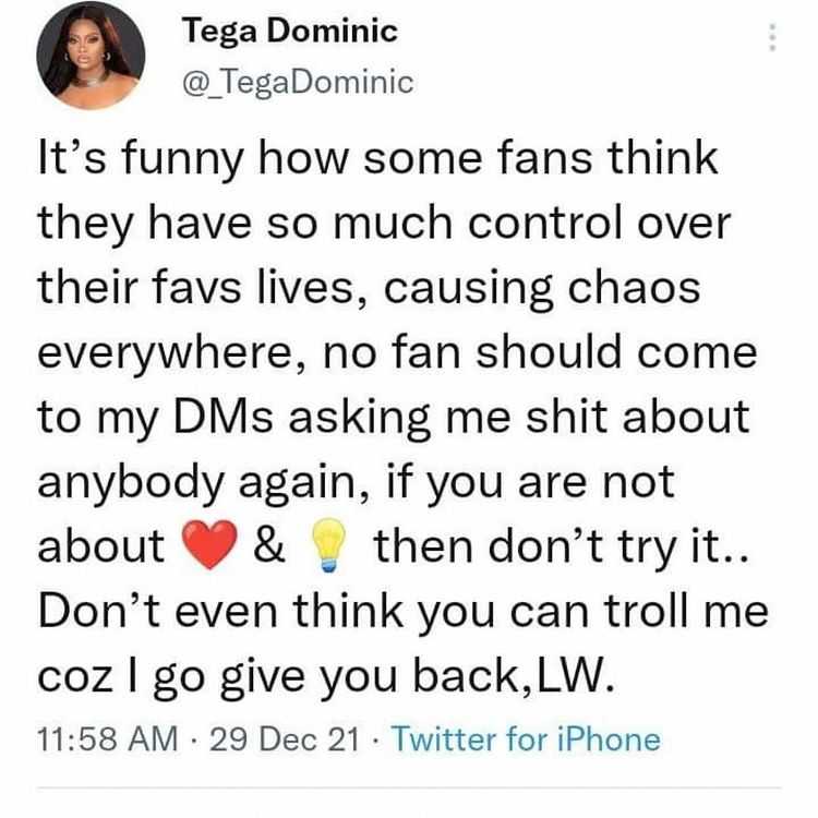 Tega Dominic mocked after clarifying claims of shading to a certain 'ship' (Video)
