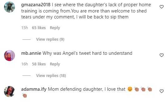 Your IQ and that of your daughter are the same — Angel's mother dragged for defending daughter's post about bitter aunties