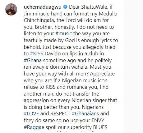 "Shatta Wale is angry because Davido refused to kiss him once" - Uche Maduagwu alleges